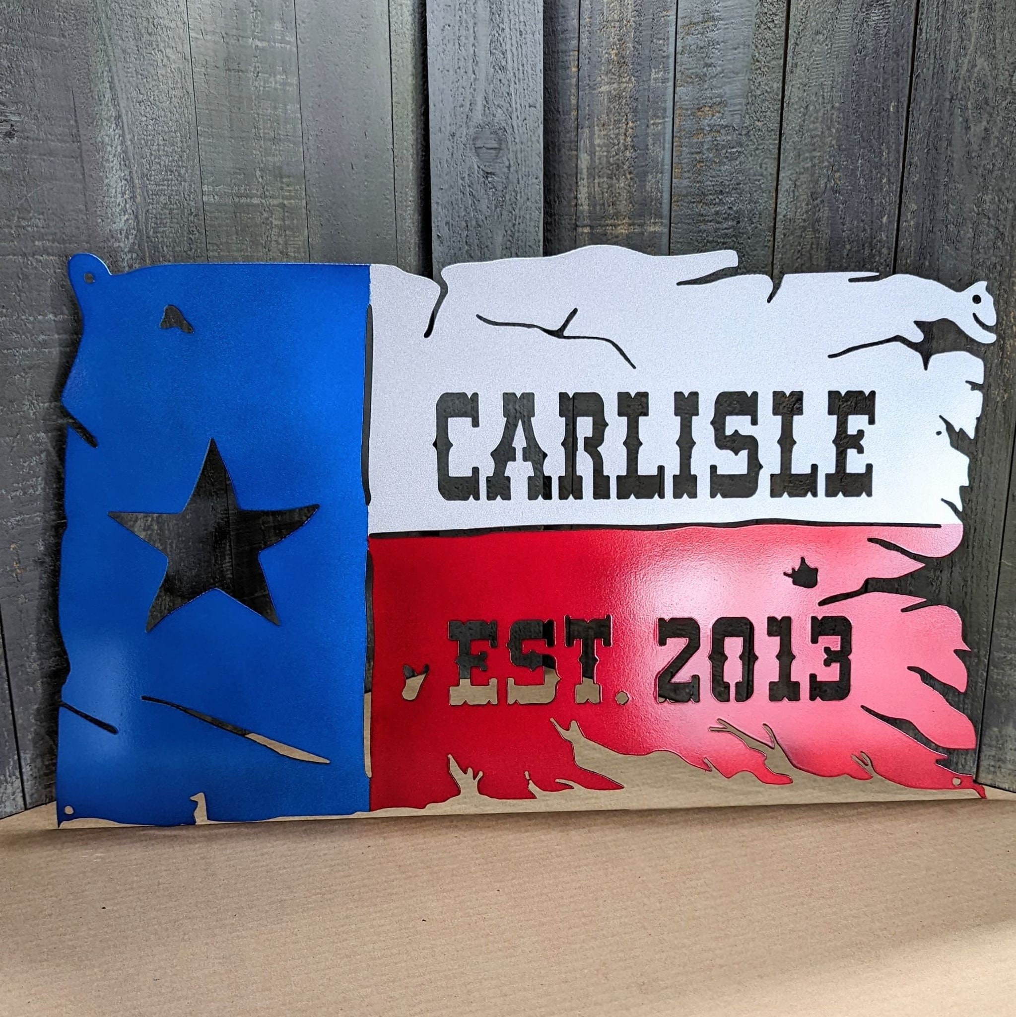 Texas Custom Flags Metal Tattered Texas Flag With Custom Last Name and Establish Date Tx ...