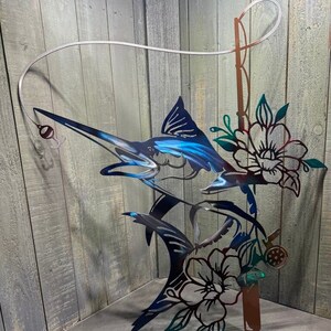 Metal Marlin Fishing Pole with Flowers Plasma Cut Sign Art