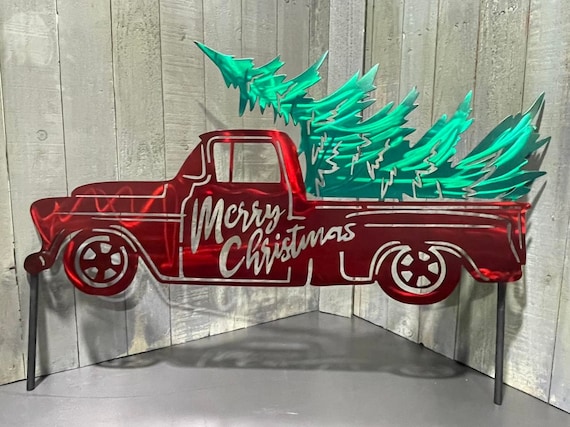 Merry Christmas Farm Truck Yard Stake Happy Holiday Christmas Tree Garden Art | Metal Garden Decor | Outdoor Yard Art