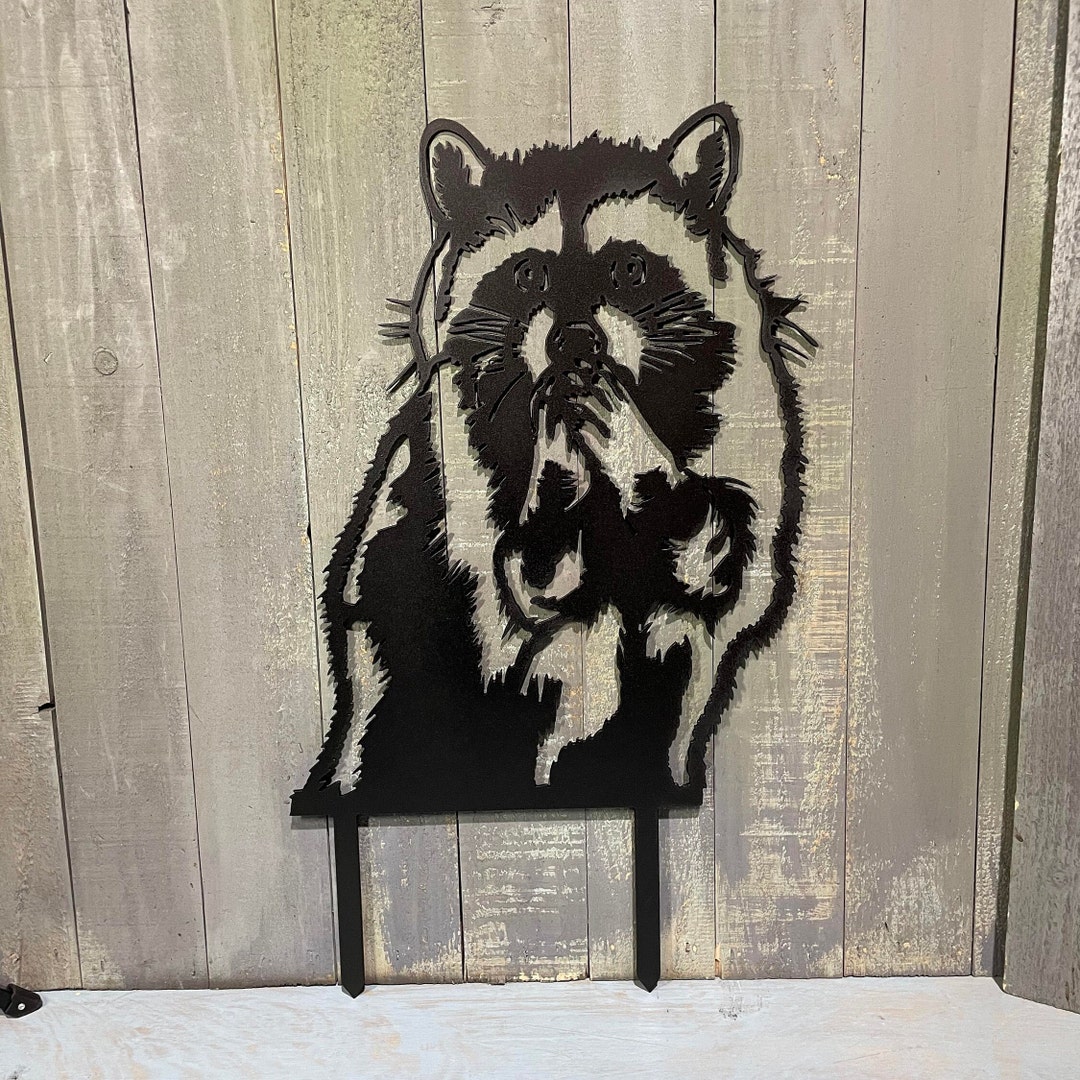 Metal Racoon Panel Metal Racoon Yard Stake Cut Bandit Garden Art Plasma Cut Outdoor Flower ...