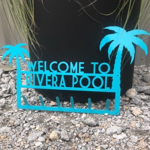 Metal Welcome To The Pool Palm Tree Towel Holder Hooks Personalized Last Name Custom Plasma Cut Sign Art Handpainted Pool Outdoor Family