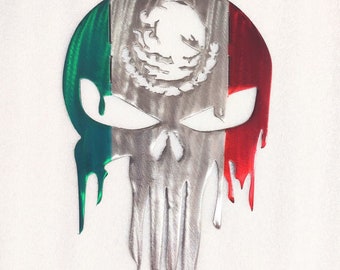 Metal Punisher Skull Mexican Flag Painted Plasma Cut Metal Art