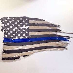 Metal Back the Blue Tattered Battle Flag American Flag Black Silver and Blue Stripe Police Pride