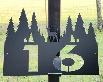 Deer Address Sign with Pine Trees | Custom Painted