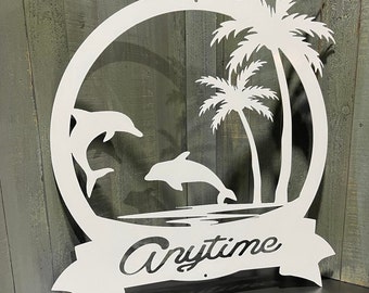 Metal Dolphin Monogram Last Name Sign Address Sign Plasma Cut Sign Art Ocean Palm Tree
