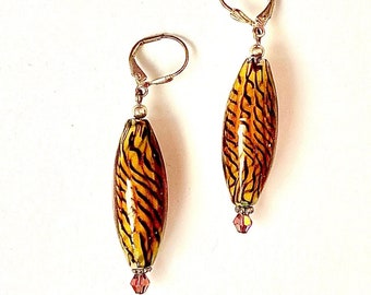 Safari Style Brown Stripe Lampwork Earrings, Dangle Earrings, Mother’s Day Gift, Handmade Art Glass, Leverback Earrings, Brown/Black Stripe