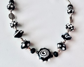 Black Lampwork Necklaces - Black & White Necklace - Lampwork Jewelry - Handmade Necklaces - Bumpy Beads - Art Glass - Jewellery - Silver