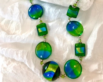 Blue Green Lampwork Necklace, Mother’s Day Gift, Handmade, Beaded Necklaces, Blue Necklace, Statement Necklace,  Art  Glass, Chunky, OOAK