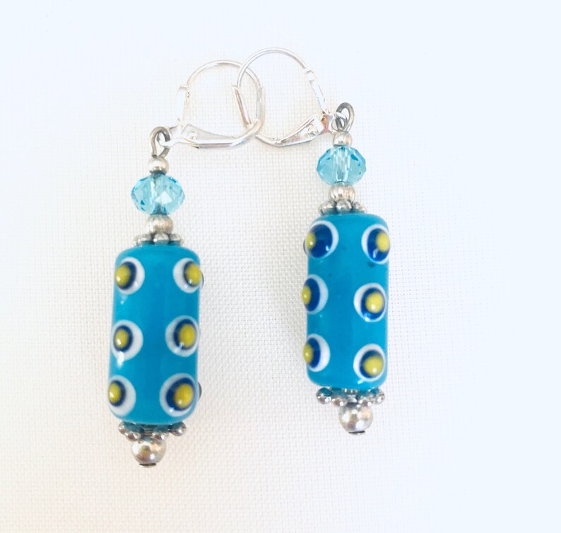 Blue Lampwork Earrings, Handmade Earrings. Bumpy Beads, Leverback Earrings, Beaded Earrings, Art Glass, Lampwork Glass Beads, Colorful image 2