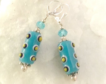 Blue Lampwork Earrings, Handmade Earrings. Bumpy Beads, Leverback Earrings, Beaded Earrings,  Art Glass, Lampwork Glass Beads, Colorful