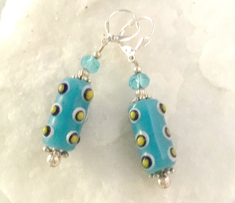 Blue Lampwork Earrings, Handmade Earrings. Bumpy Beads, Leverback Earrings, Beaded Earrings, Art Glass, Lampwork Glass Beads, Colorful image 1