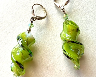 Green Spiral Lampwork Earrings, Dangle Earrings, Mother’s Day Gift,  Handmade Art Glass, Leverback Earrings,  Green Earrings,  Hand Torched