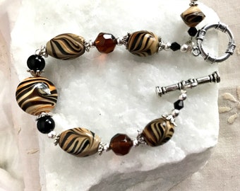 Brown Lampwork Bracelets - Tiger Bead Bracelets - Brown Black Lampwork Bracelets - Handmade Art Glass - Statement Bracelet
