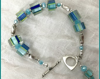 Blue Lampwork Bracelets, Handmade Bracelets, Turquoise Bracelets,  Beaded Bracelets, Art Glass, Ocean Colors, Cane Glass Beads,