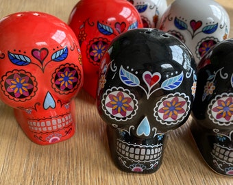 Day of the Dead Ceramic Salt & Pepper Shakers - Skull Salt and Pepper Shakers - Halloween Table Settings Halloween Salt and Pepper Shakers