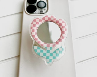 Tulip Checkered Print Mirror Phone Holder, Phone Accessory, Griptok