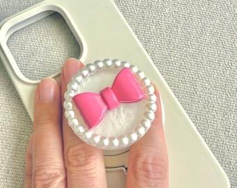 PINK Bow and Pearl Resin Phone Holder, Phone Accessory, Griptok