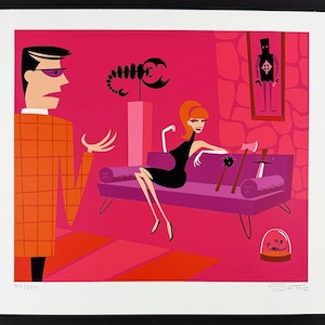 May include: A vibrant pop art print featuring a man in an orange jacket and a woman in a black dress. The scene includes a purple couch, a scorpion sculpture, and a framed figure. The color palette is dominated by shades of pink and red.