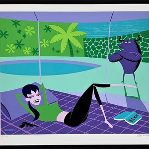 May include: A woman in a green shirt and black pants lies on a purple and green patterned rug. She is holding a gun and a book titled "The New Rules" in her hand. A purple bull with horns stands in the background.