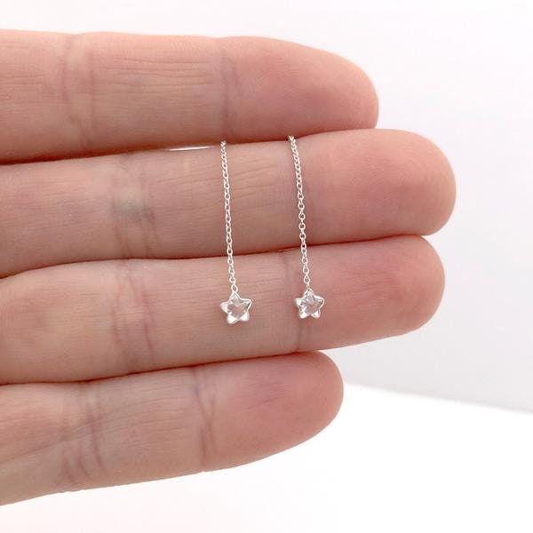 tiny star threaders in clear, star earrings, star threaders, threader earrings, silver star earrings