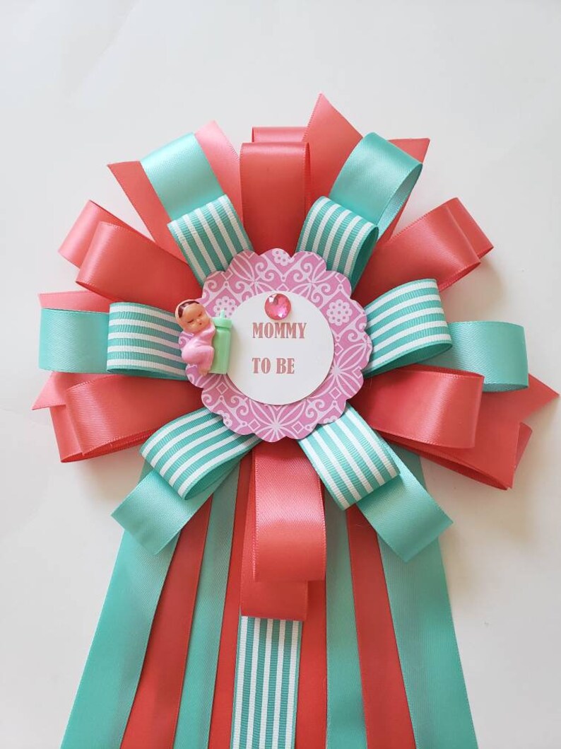 C Baby Shower Corsage Mum Ribbon Pin And Aqua Girl
