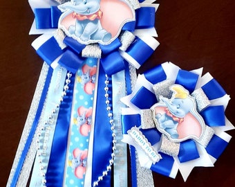 Elephan baby shower corsage/baby shower mum boy/mom to be pin/dad to be corsage/blue and gold/baby shower corsage/circus baby shower corsage