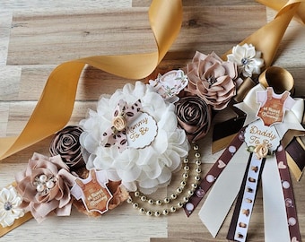 coffee baby shower sash,a baby ia brewing mom to be sash/coffee baby shower ideas, gender reveal sash,mum/brown ivory sash