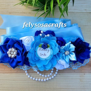 royal blue baby shower sash/mom pregnancy sash/boy baby shower  theme/maternity  sash/mom to be ribbon/blue flowers sash/little prince sash