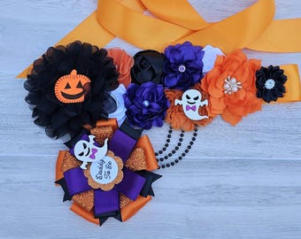 Halloween baby shower sash/little boo mom to be sash/ghost baby shower sash/orange purple sash/Halloween baby shower ideas/Halloween pin