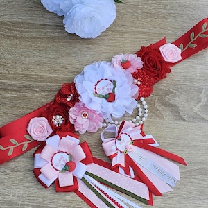 strawberry Baby shower sash/sweetheart mom to be sash/strawberry baby shower theme/red, pink mom to be sash/it&#39;s a girl maternity sash/belt