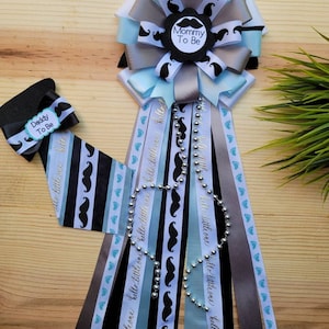Little man baby shower mum/mustache baby shower mum/little man baby shower corsage/blue and gray corsage/baby shower capias/dad to be tie