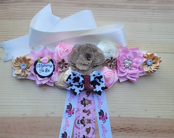 Cowgirl belly sash/cowgirl maternity belt/mom to be sash/cowgirl baby shower decorations/cowgirl baby shower corsage/ western flower sash