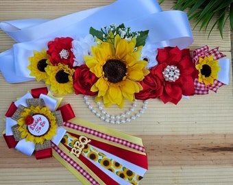 Sunflower belly sash/bbq baby shower decorations/summer baby shower /BBQ belly sash/baby q maternity belt/baby Q mum pin/yellow and red sash