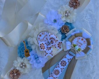 Cielito Lindo baby shower boy - blue maternity sash - mom-to-be sash boy -green blue cielito lindo sash - ivory, blue mommy-to-be sash/