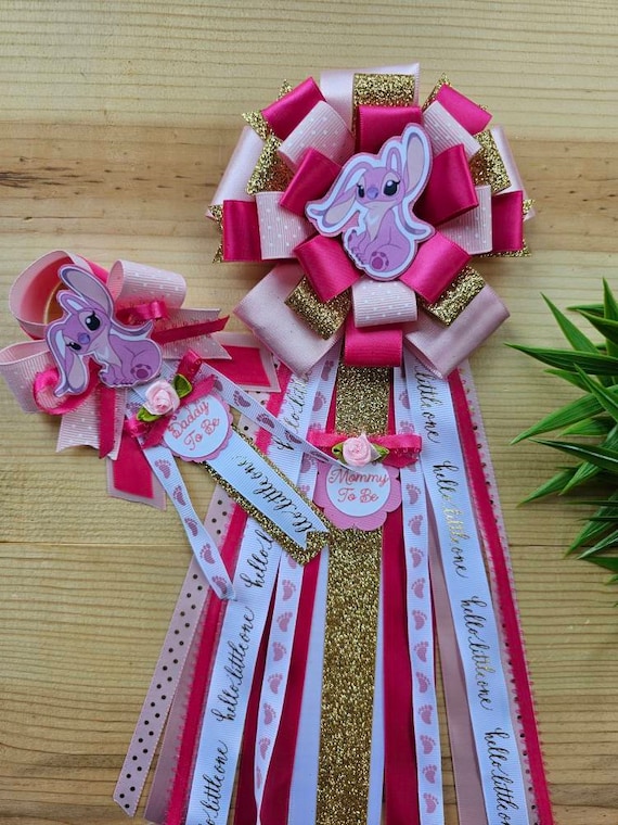 Pink and Gold Mum/stich Inspired Baby Shower Corsage/girl Baby Shower Ribbon/angel  and Stich Inspired Baby Shower Pin 