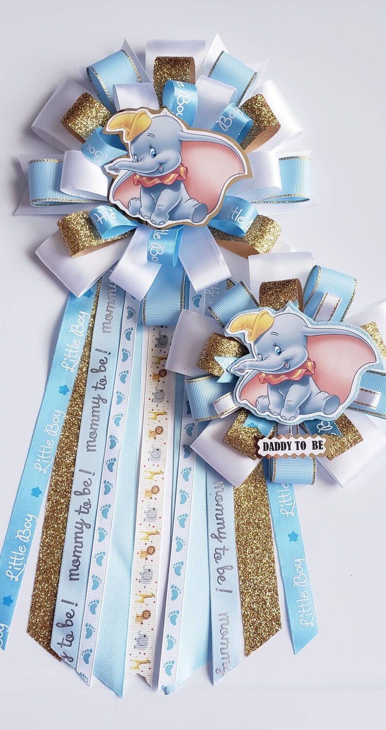 Dumbo Baby Shower Corsage Mum Boy Mom To Be Pin Dad Blue And Gold Circus