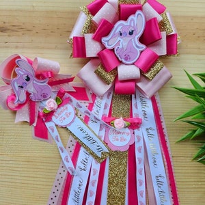 Pink and gold mum/stich inspired baby shower corsage/girl baby shower ribbon/angel and stich inspired baby shower pin