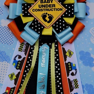 Baby under construction baby shower theme /construction mum/construction mom to be pin/baby under construction sash/black,orange sash pin