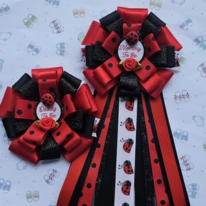 Ladybug baby shower corsage/mom to be ladybug pin/ladybug baby shower decorations/black and red baby shower mum/Ladybug sash/mom to be sash