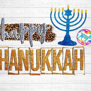 Chanukka Sublimation Design Download, PNG, Menorah, Happy Chanukka, jüdische Feiertage, Shalom, Leopardenmuster, hässliches Pullover-Design, Aufbügeln