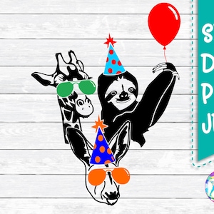 Party Animal Svg, paresseux, kangourou, girafe, SVG, DXF, PNG, fichiers pour, Silhouette, Cricut, fichiers de coupe, anniversaire Svg, chapeau de fête, lunettes de soleil