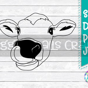 Koe SVG, koe likkende neus, koe Svg-bestanden voor Cricut, koe Svg-bestanden, koe gezicht, DXF, PNG, silhouet, handgetekende koe, koe hoofd, vee Svg