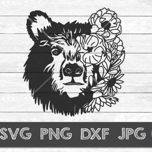 Bear Face SVG, Bear Svg, Mama Bear, Ręcznie rysowany Bear, Bear Illustration, DXF, PNG, pliki dla, Silhouette, Cricut, Bear flower Face, Mom Svg