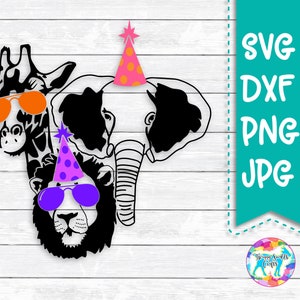 Party Animals, Lion,Elephant, Giraffe, SVG, DXF, PNG, files for, Silhouette, Cricut, Cut files, girl Birthday, Party Hat, Sunglasses Animals