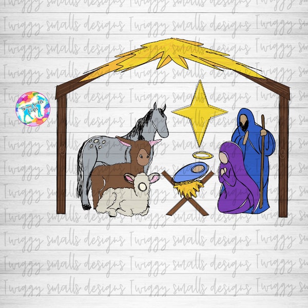 Manger Scene Christmas Sublimation Design Download, Jesus, Sublimation Files, PNG, Hand Drawn Doodles, Christ is born, Barn Animals, Digital