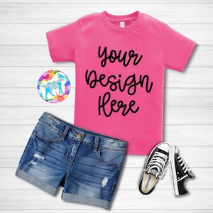 Toddler T shirt Blank, Kids Hot pink T shirt mockup, Girl mockup, flat lay, Pink shirt, Product mockup, Flat lay, Styled Photography