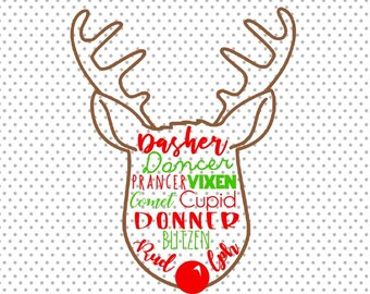 Reindeer SVG,Reindeer Names SVG,Reindeer Face SVG,Reindeer Clipart,Christmas Svg,Rudolph Svg,Reindeer, Silhouette, Cricut, Cut File, Dxf