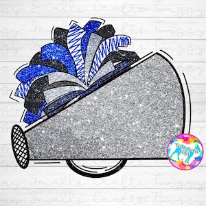 Cheer Megaphone Sublimation Design Download, Blue, black, silver, cheerleading, cheer mom, coach, football, PNG, Sublimation Files, Pom poms