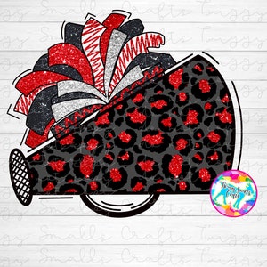 Cheerleading, PNG, Sublimation Design Download, Megaphone, Cheerleader, Clipart, Cheetah print, leopard, Red, Black, Gray, Glitter, Pom Poms