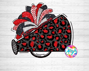 Cheerleading, PNG, Sublimation Design Download, Megaphone, Cheerleader, Clipart, Cheetah print, leopard, Red, Black, Gray, Glitter, Pom Poms